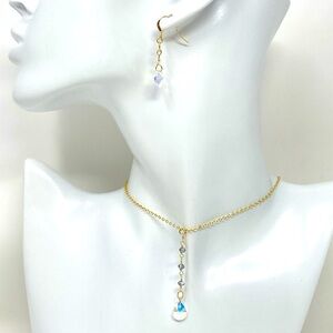 Gold filled adjustable choker necklace w/ aurora borealis crystal + earrings